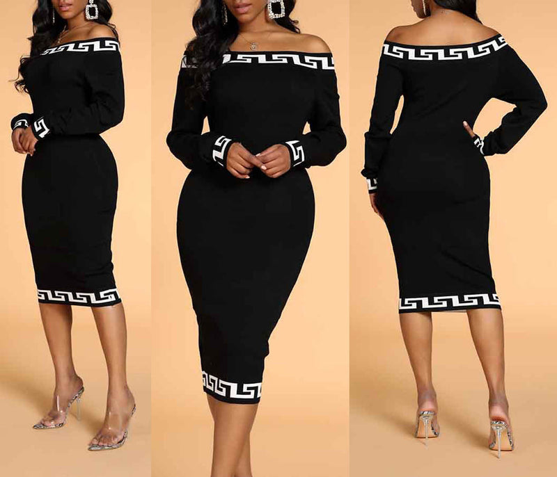 Foreign trade new spot women's fashion casual plain color stitching printing one-shoulder dress DP8768
