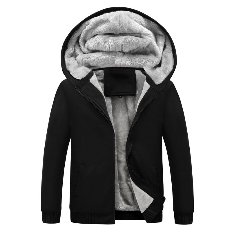 Autumn and winter men's light version solid color hooded plus velvet thickened cardigan jacket youth 2023 new warm tops