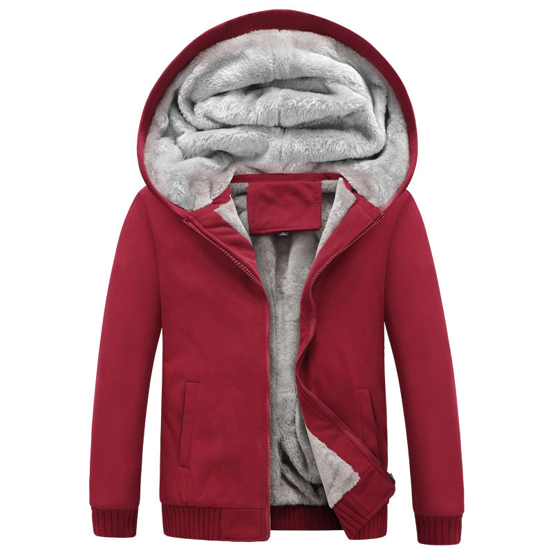 Autumn and winter men's light version solid color hooded plus velvet thickened cardigan jacket youth 2023 new warm tops