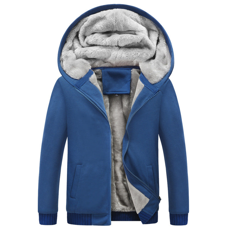 Autumn and winter men's light version solid color hooded plus velvet thickened cardigan jacket youth 2023 new warm tops