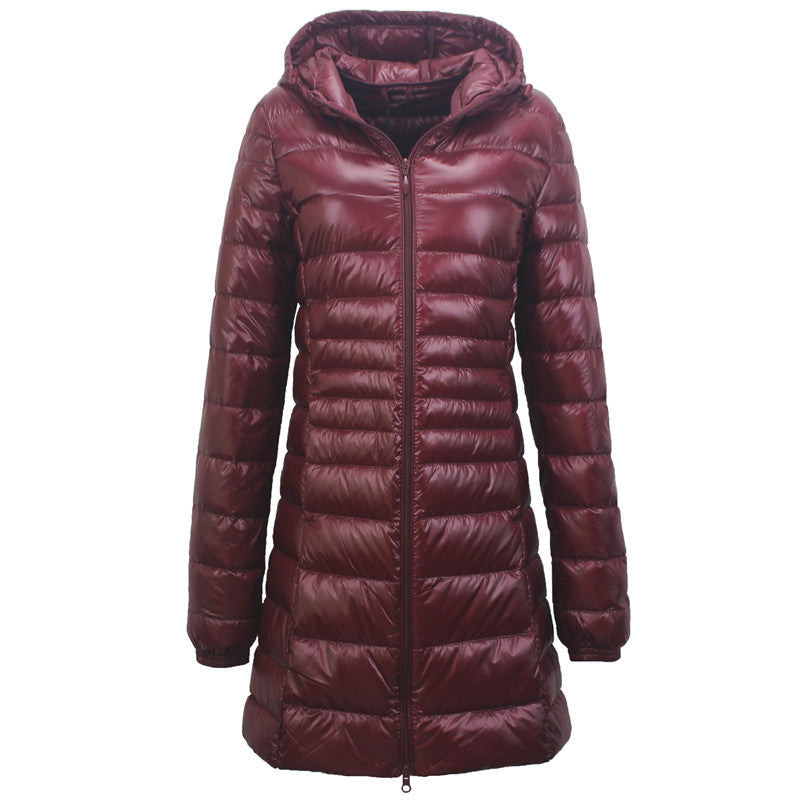 Cross-border women's clothing autumn and winter hooded down jackets plus size light and thin slim-fit mid-length women's jacket S-7XL