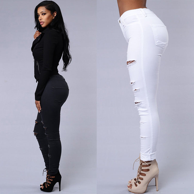 AliExpress wish Amazon ebay new European and American ripped jeans women's pencil pants women's jeans