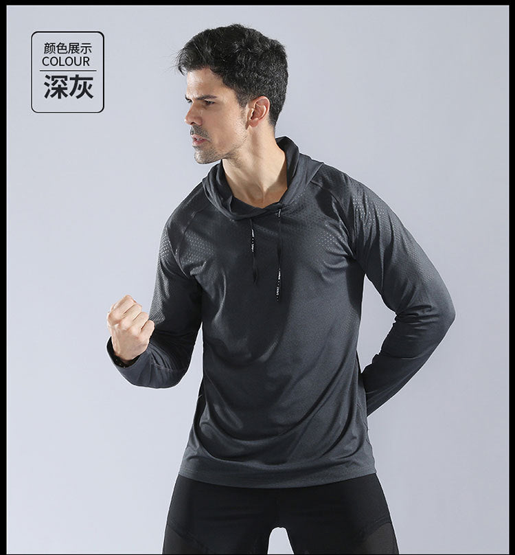 Men's autumn and winter hooded sweatshirt pullover high elastic quick-drying fitness clothes running training clothes sportswear long-sleeved T-shirt 10857