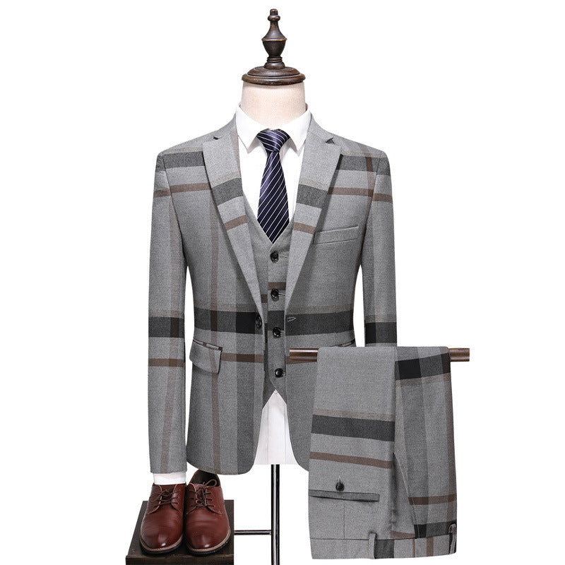 Men's suits wholesale casual suits three-piece Korean style slim fit large size plaid groom dress suit