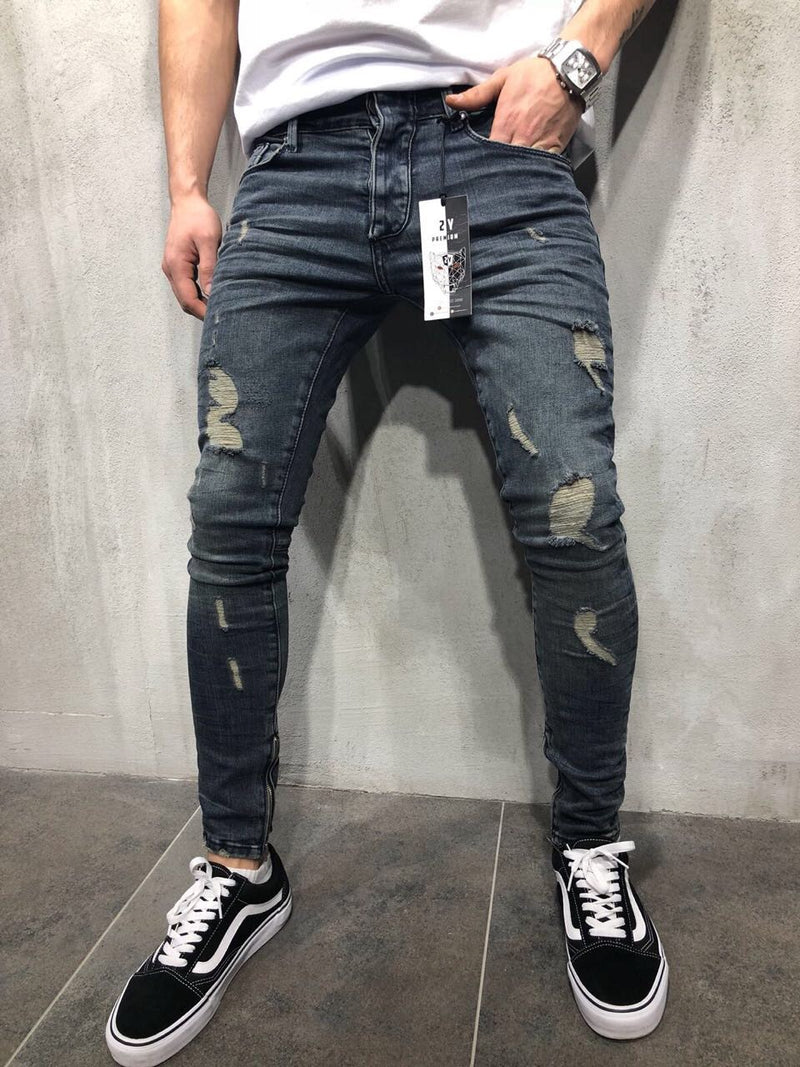 Cross-border men's ripped feet jeans Amazon wish European and American feet zipper jeans new style men