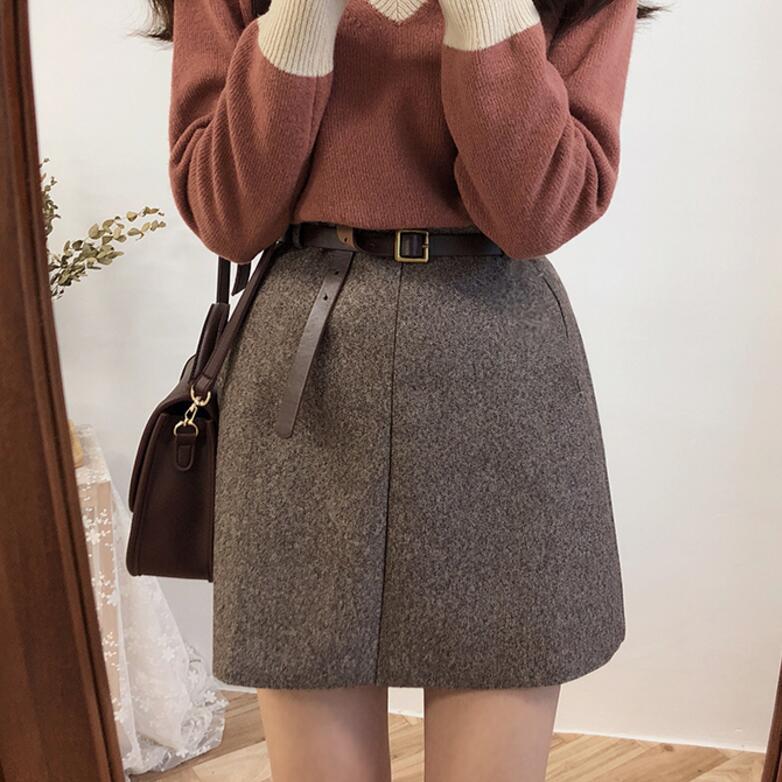2018 autumn and winter new Korean women's high waist short skirt woolen skirt A-line skirt (with belt)