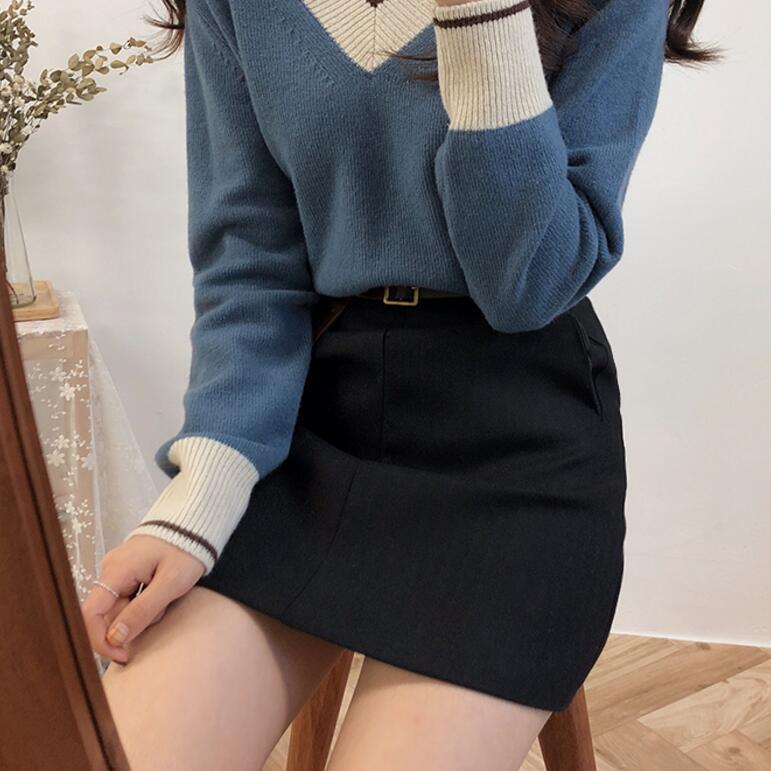2018 autumn and winter new Korean women's high waist short skirt woolen skirt A-line skirt (with belt)