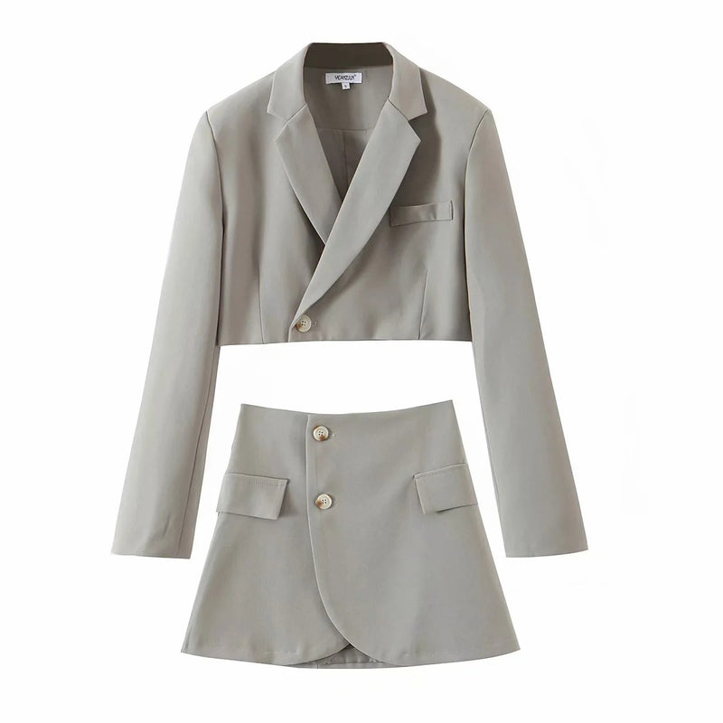 ins fashion casual suit suit female 2021 spring new oblique button short suit jacket + high waist pocket skirt