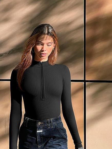 European and American cross-border Amazon 2023 long-sleeved jumpsuit sexy ribbed one-piece front zipper long-sleeved top jumpsuit