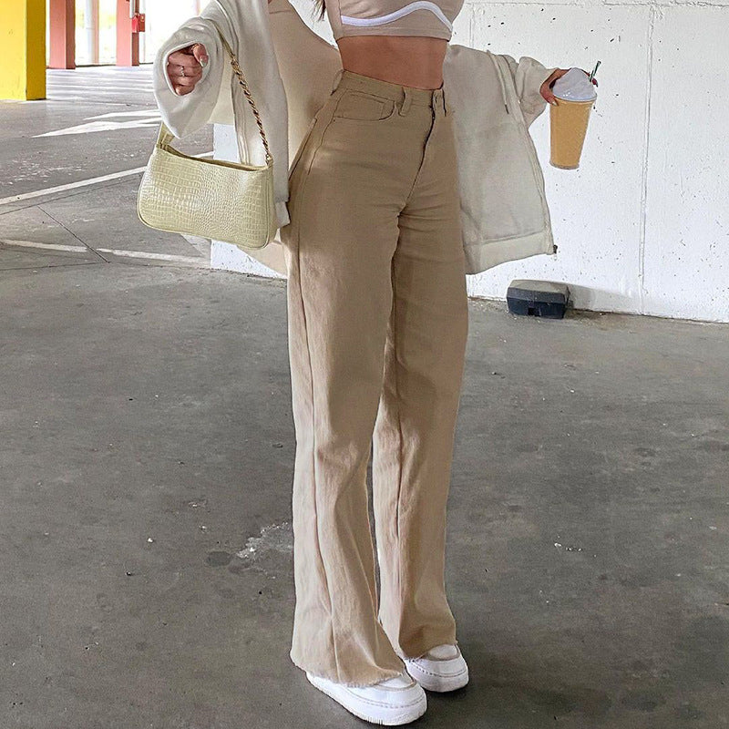 European and American style 2021 new solid color jeans women drape loose and thin high-waist straight-leg pants women casual trousers