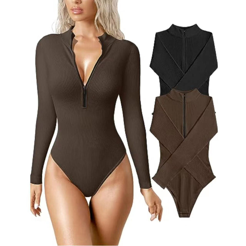 European and American cross-border Amazon 2023 long-sleeved jumpsuit sexy ribbed one-piece front zipper long-sleeved top jumpsuit