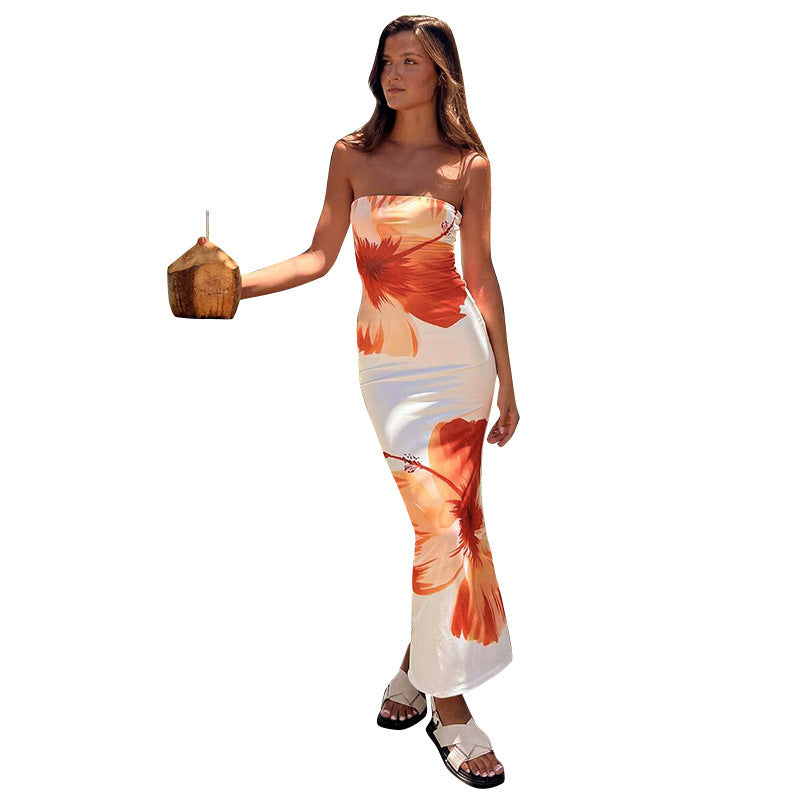 European and American cross-border women's summer new print sexy tube top waist hip dress children's fashion high-end