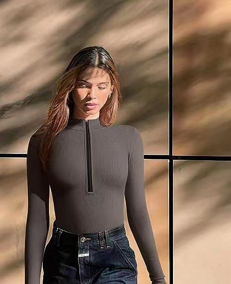 European and American cross-border Amazon 2023 long-sleeved jumpsuit sexy ribbed one-piece front zipper long-sleeved top jumpsuit