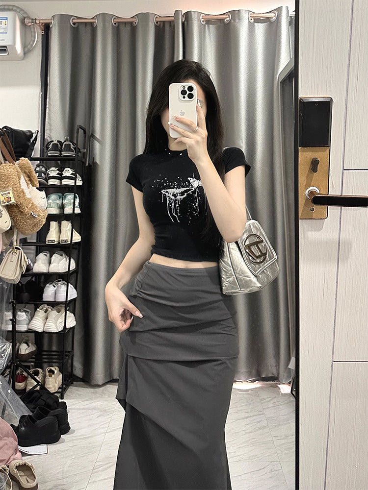 Gray workwear skirt for women, high waist, autumn new style, large size fat mm, hip covering, slimming, slit, mid-length hip-covering skirt
