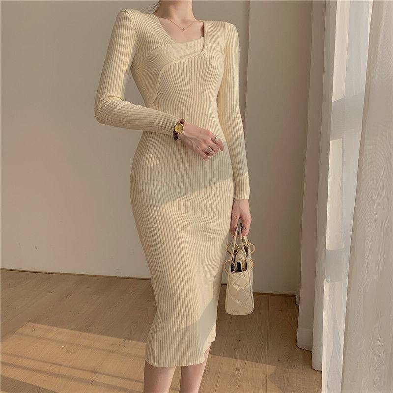 Knitted dress, French style, retro with coat, long skirt, feminine, sexy, tight-fitting bag, knitting on the hip