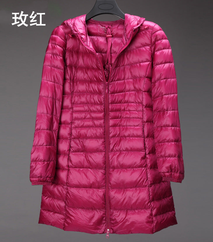 Cross-border women's clothing autumn and winter hooded down jackets plus size light and thin slim-fit mid-length women's jacket S-7XL
