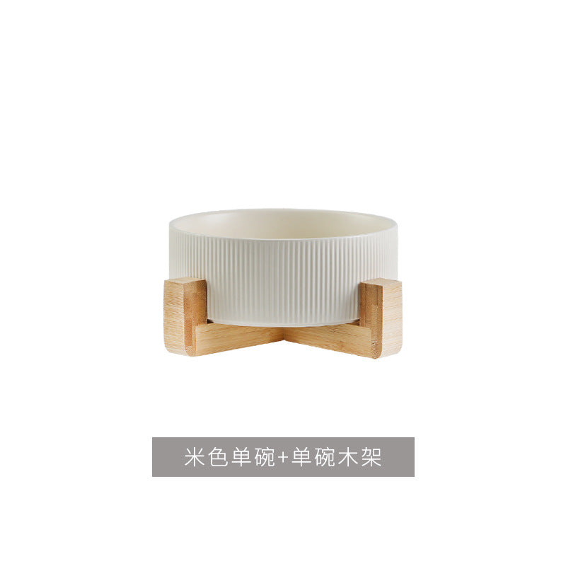Ceramic pet bowl, simple cat and dog integrated wooden frame, double bowl, cat food bowl, anti-knock drinking bowl, cross-border wholesale