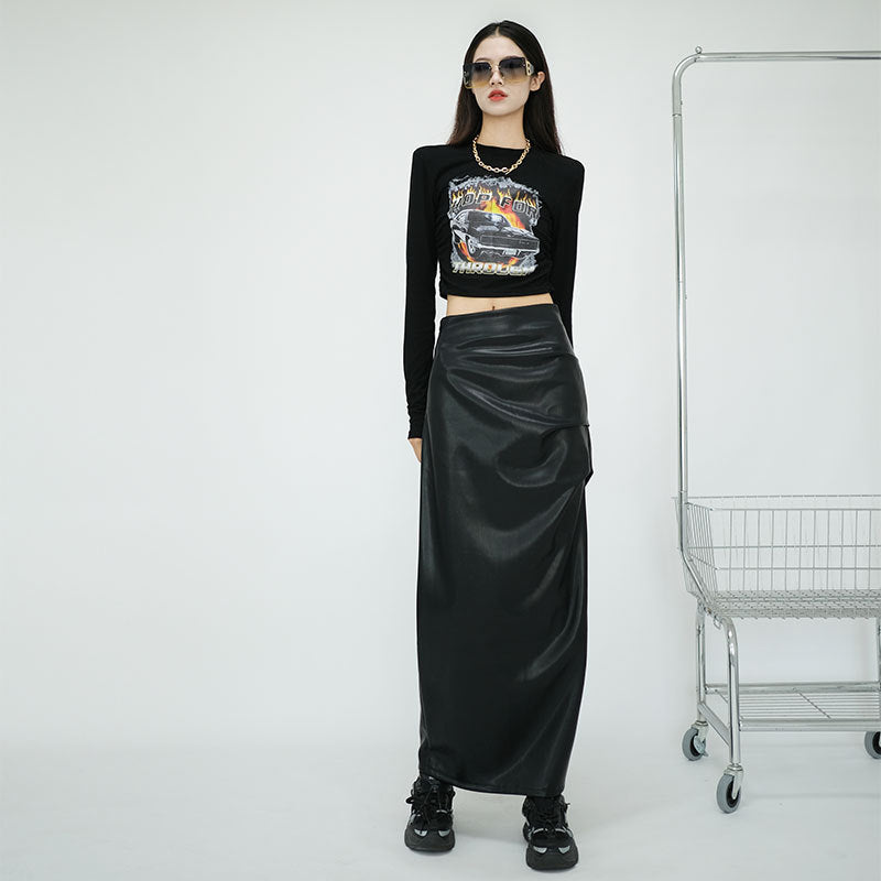 Real shot of autumn high-waist pleated slit hip-covering slimming A-line medium-length half-length leather skirt for women extended version
