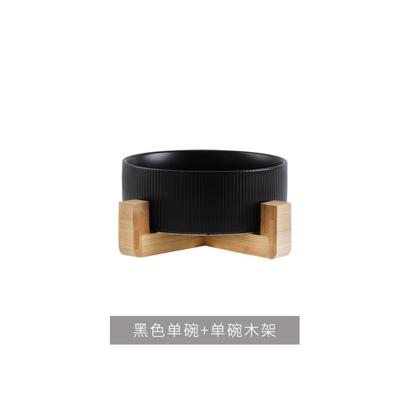 Ceramic pet bowl, simple cat and dog integrated wooden frame, double bowl, cat food bowl, anti-knock drinking bowl, cross-border wholesale
