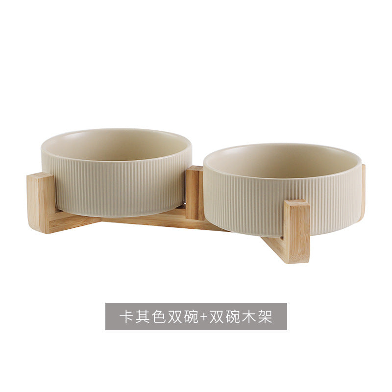 Ceramic pet bowl, simple cat and dog integrated wooden frame, double bowl, cat food bowl, anti-knock drinking bowl, cross-border wholesale