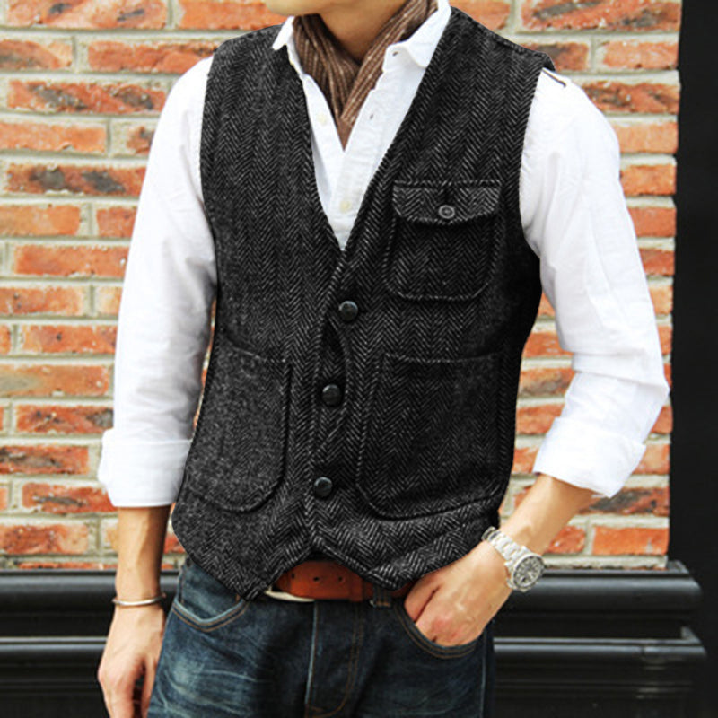 Spot popular herringbone pattern men's suit vest, single-row four-button vest, foreign trade vest on AliExpress