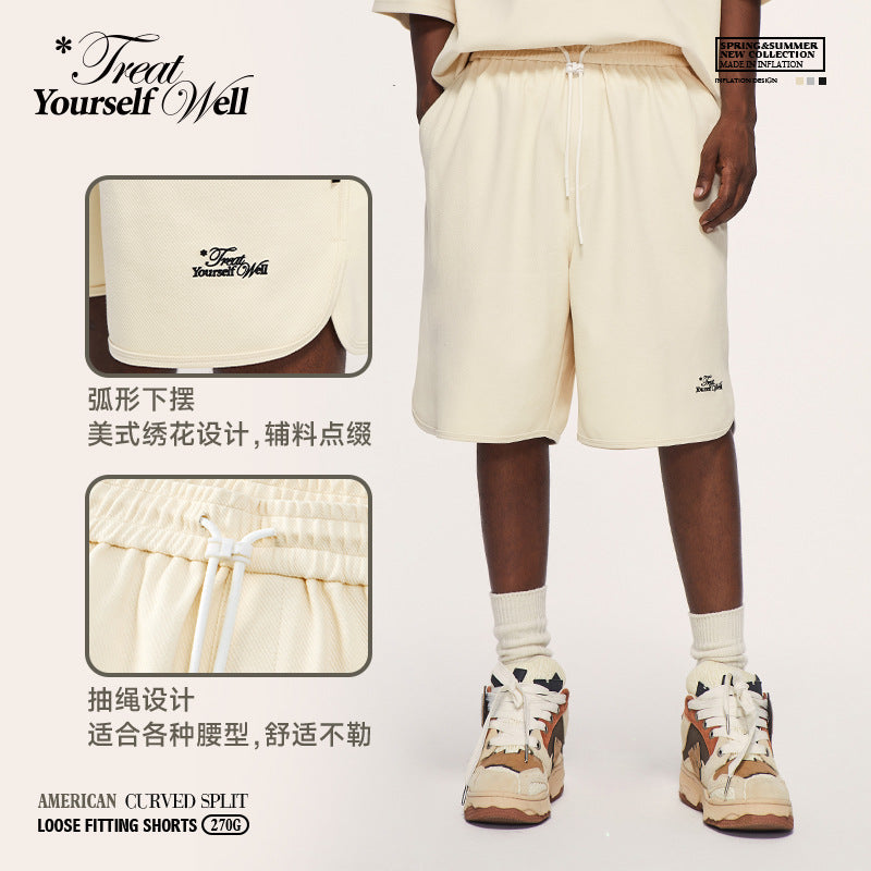 INF Men's Clothing | American Curved Slit Loose Shorts 2023 Summer New Arrival Letter Embroidery Personalized Quarter Pants Men