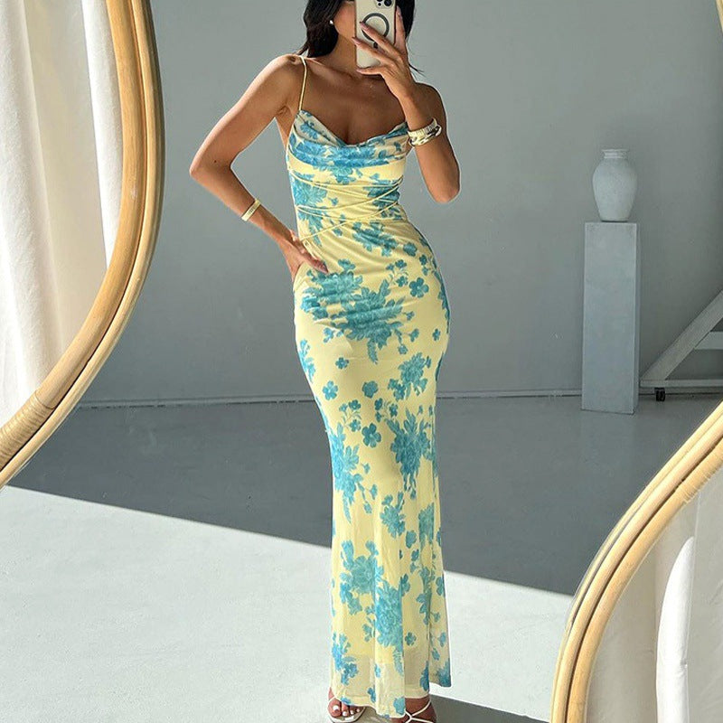 Foreign trade 2024 summer new European and American women's clothing strappy long skirt floral slim hip-wrapped printed suspender dress female