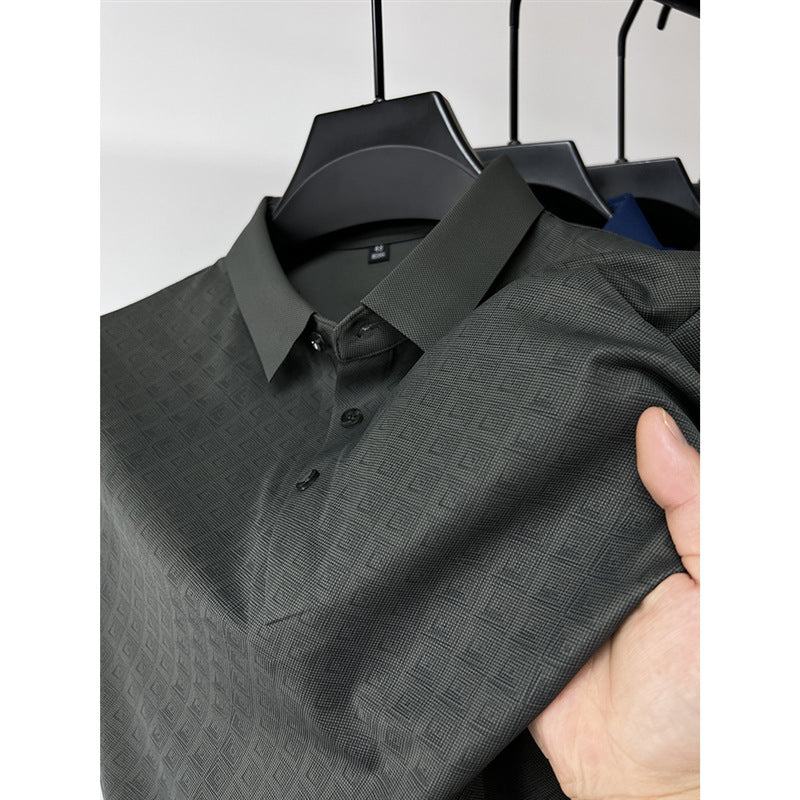 High-end atmospheric ice silk short-sleeved T-shirt men's lapel summer plaid middle-aged dad wear polo shirt half-sleeved top clothes