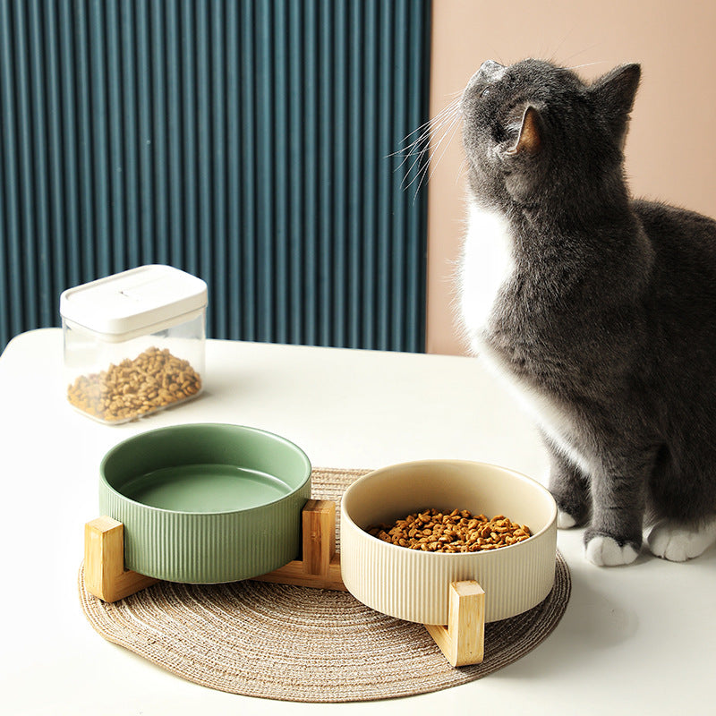Ceramic pet bowl, simple cat and dog integrated wooden frame, double bowl, cat food bowl, anti-knock drinking bowl, cross-border wholesale