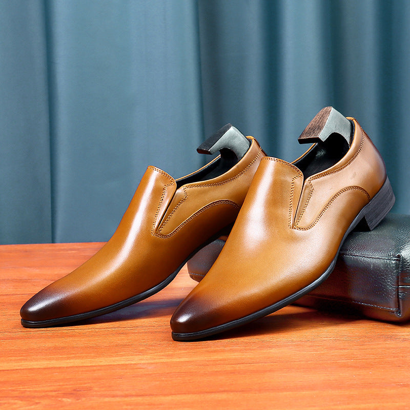 Pointed leather shoes men's business formal genuine leather first layer leather slip-on casual shoes brown British lazy loafers