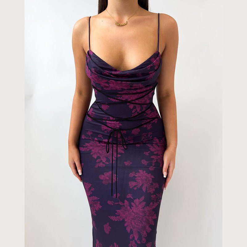 Foreign trade 2024 summer new European and American women's clothing strappy long skirt floral slim hip-wrapped printed suspender dress female