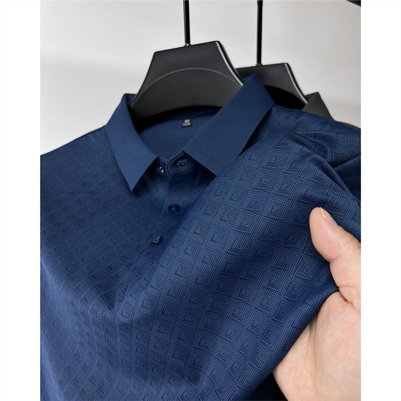 High-end atmospheric ice silk short-sleeved T-shirt men's lapel summer plaid middle-aged dad wear polo shirt half-sleeved top clothes