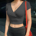 AliExpress Ebay Summer Solid Color V-Neck T-Shirt Women's Short Sleeve Sexy Navel Ladies Casual Top Wish