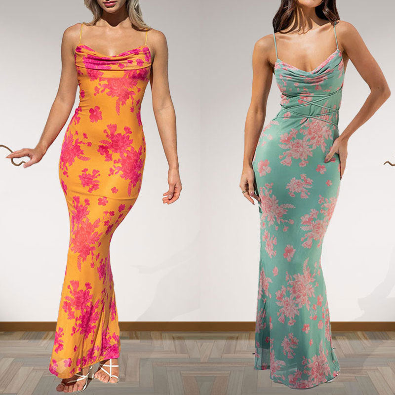 Foreign trade 2024 summer new European and American women's clothing strappy long skirt floral slim hip-wrapped printed suspender dress female