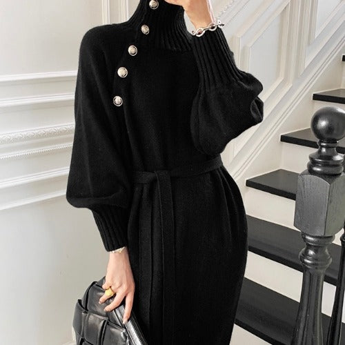 Japanese and Korean lace-up waist knitted dress 2021 autumn and winter new loose and thin all-match turtleneck long sweater women