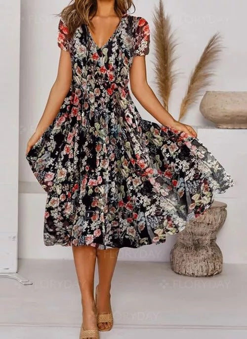 European and American cross-border women's clothing AliExpress Amazon independent station personalized flower printing V-neck short-sleeved dress
