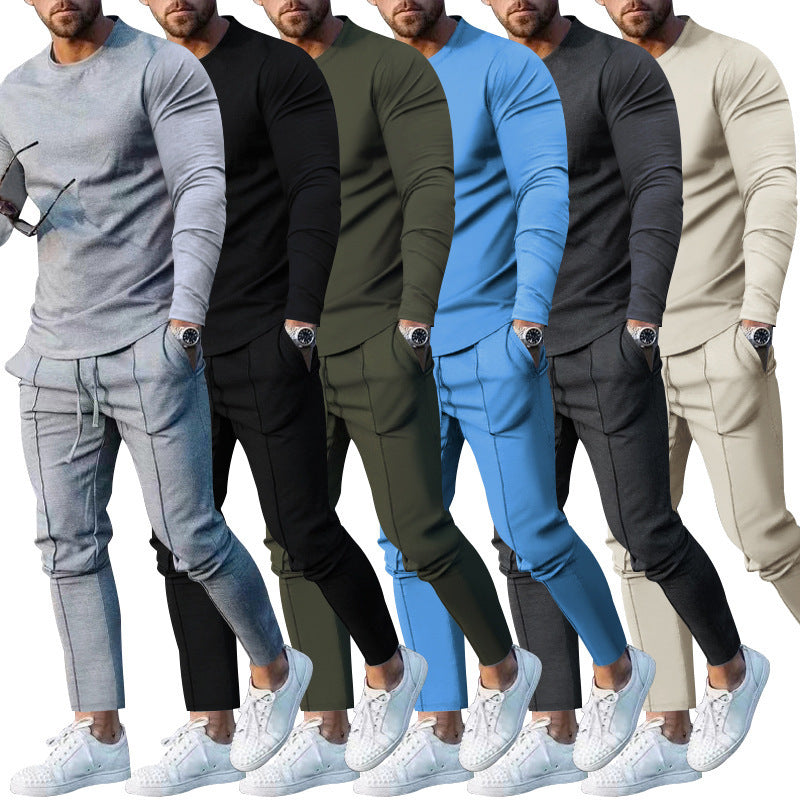 European goods foreign trade men's clothing suit spring and autumn style two-piece suit round neck long-sleeved T-shirt trousers suit men's autumn casual wear