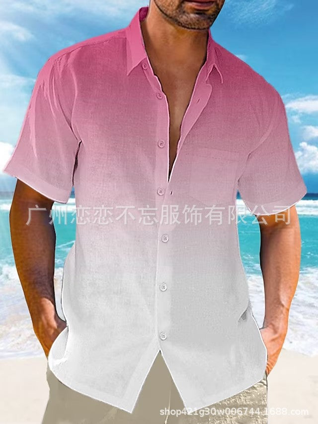 2024 Amazon eBay hot selling summer lapel gradient print short sleeve button linen shirt men's wear