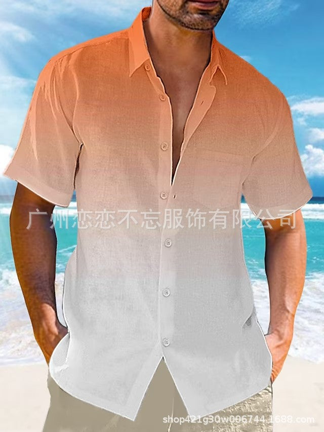 2024 Amazon eBay hot selling summer lapel gradient print short sleeve button linen shirt men's wear