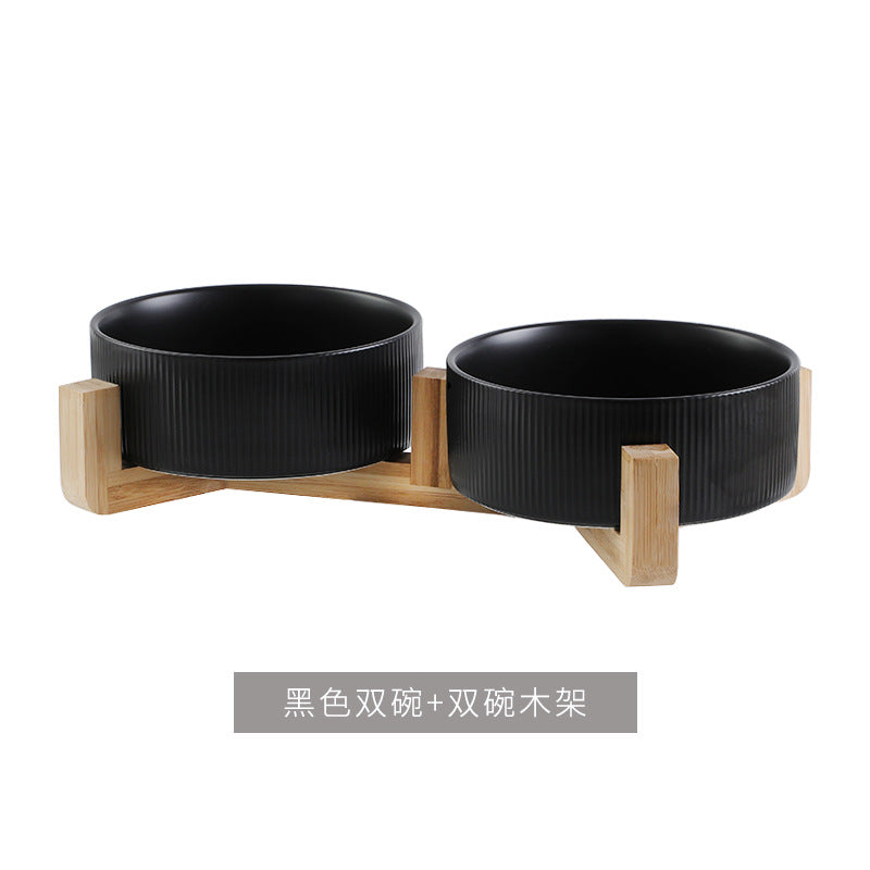 Ceramic pet bowl, simple cat and dog integrated wooden frame, double bowl, cat food bowl, anti-knock drinking bowl, cross-border wholesale