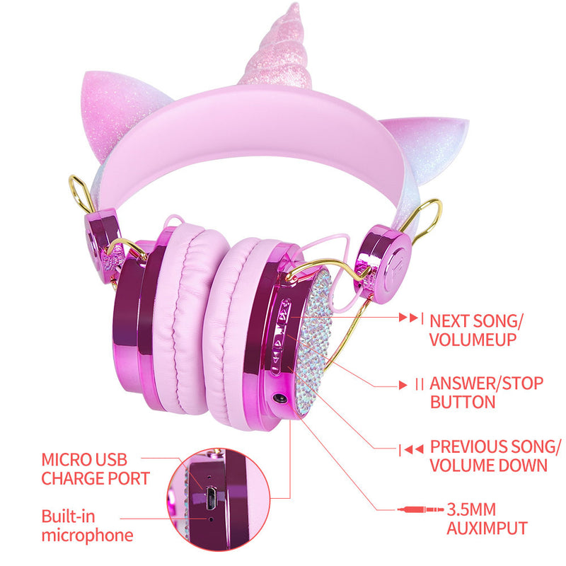 Headset children's headset wired wireless bluetooth tablet phone computer with heavy bass unicorn cartoon headset