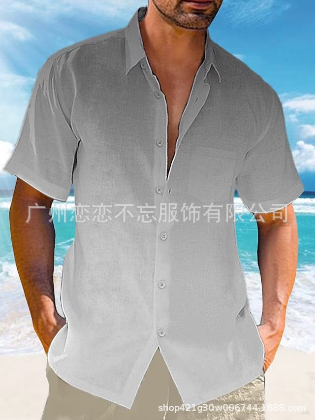 2024 Amazon eBay hot selling summer lapel gradient print short sleeve button linen shirt men's wear
