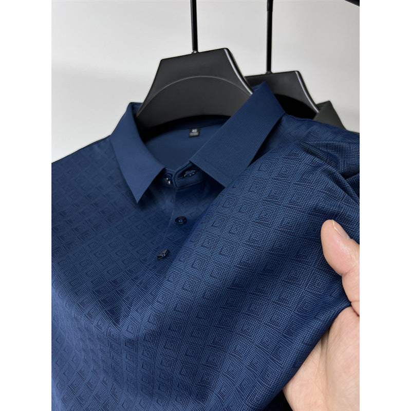 High-end atmospheric ice silk short-sleeved T-shirt men's lapel summer plaid middle-aged dad wear polo shirt half-sleeved top clothes