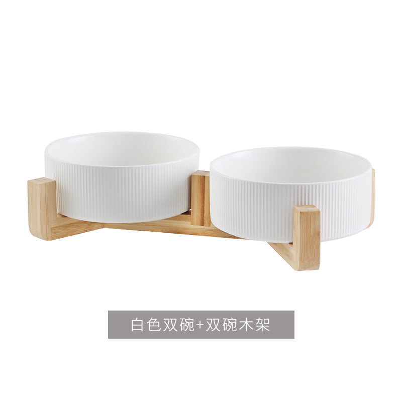 Ceramic pet bowl, simple cat and dog integrated wooden frame, double bowl, cat food bowl, anti-knock drinking bowl, cross-border wholesale