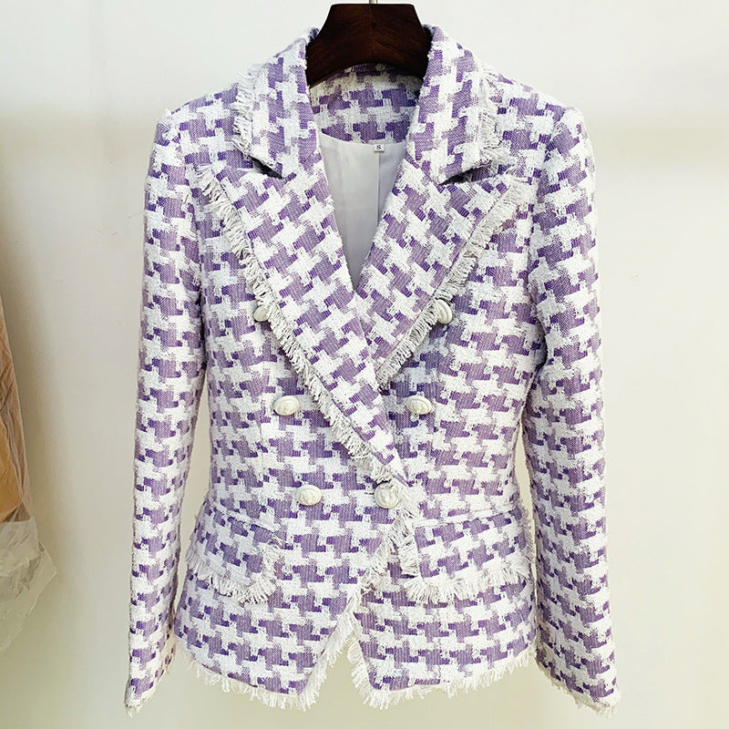 Spot 2022 new temperament women's jacket lion buckle houndstooth woolen loose beard edge slim suit jacket