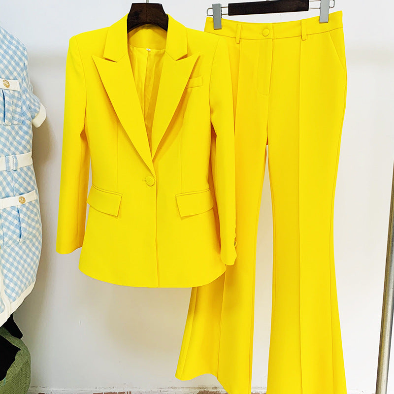2021 European and American star professional wear fashion one button cloth button mid-length suit + flared pants two-piece suit