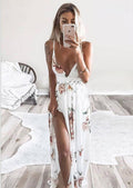 2021 Summer Amazon AliExpress European and American Women's Sexy Printed Sling Halter Slit Beach Dress