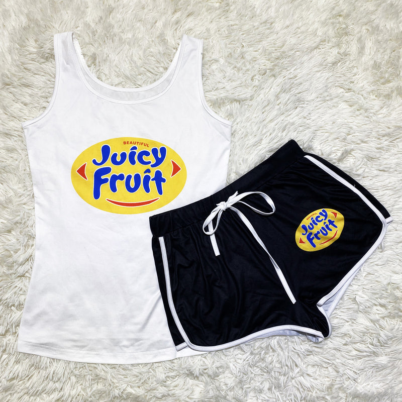 D9347 Amazon hot sale European and American women's clothing sexy graphic print suspender shorts suit yoga pants suit