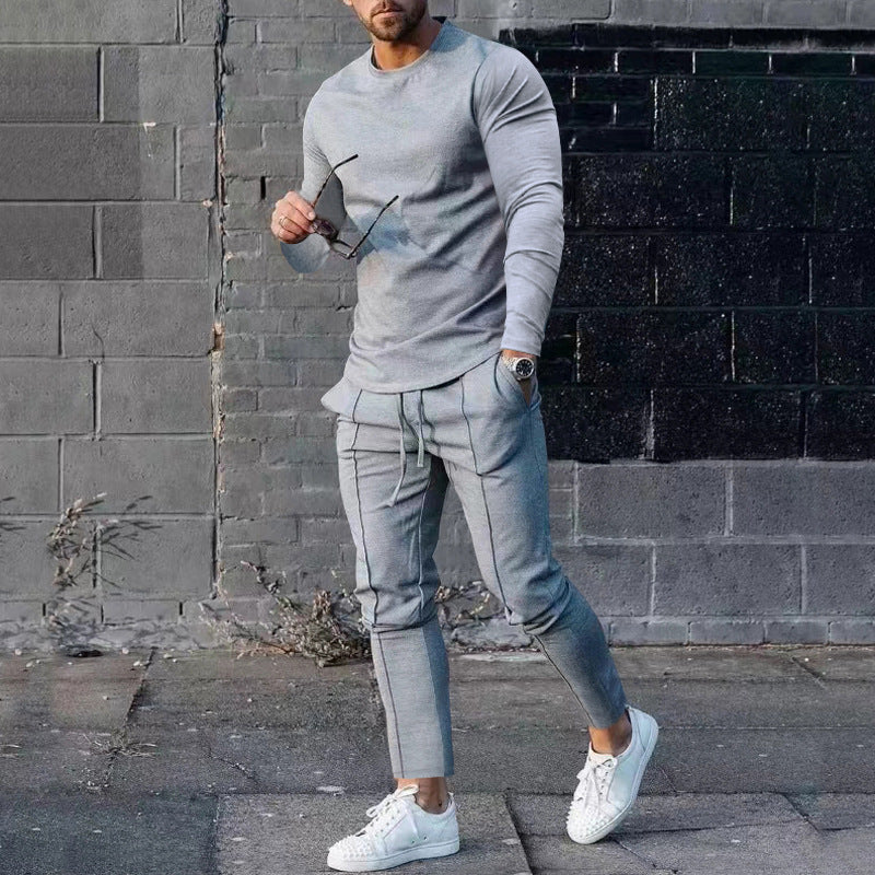 European goods foreign trade men's clothing suit spring and autumn style two-piece suit round neck long-sleeved T-shirt trousers suit men's autumn casual wear
