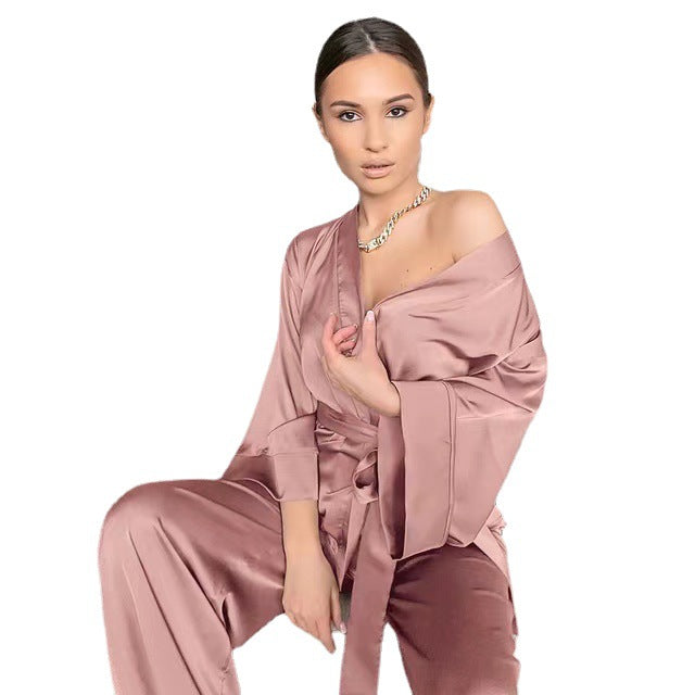 European and American foreign trade sexy lingerie, women's nightgown, sexy home pajamas, stretch satin top and pants two-piece set